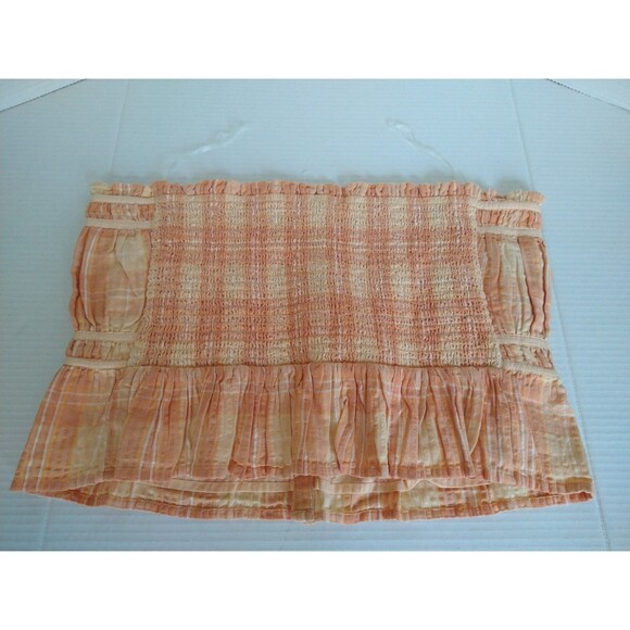 American Eagle sz XL Tube Top Strapless Smocked Cotton/Linen orange yellow plaid - Picture 2 of 8